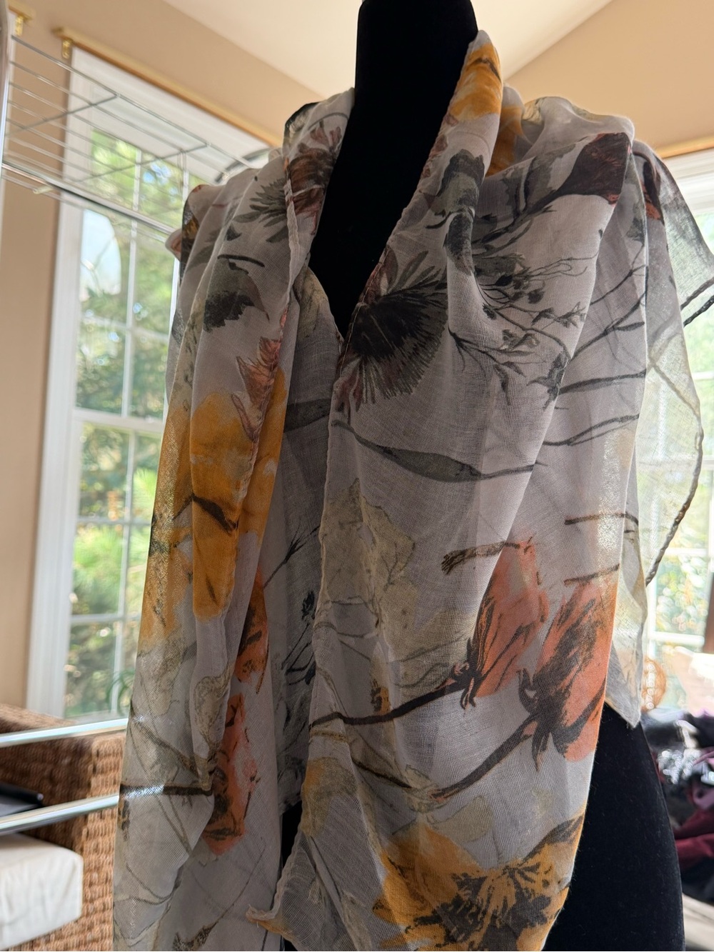 Lightweight Floral Sheer Scarf in Yellow, Orange and Gray - Unbranded